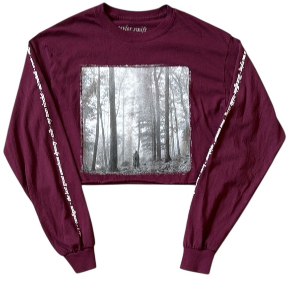 Taylor Swift Tops - Taylor Swift Folklore Cropped Long Sleeve T-Shirt Medium Maroon Woods Trees